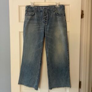 A.L.C. Wylie Lace Up Frayed Hem Wide Leg Jean Blue Side Zip Size 10 NWT